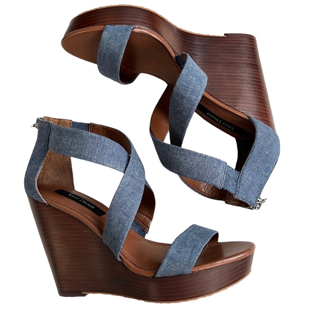 White House Black Market Blue Denim Crisscross Wedge Sandals